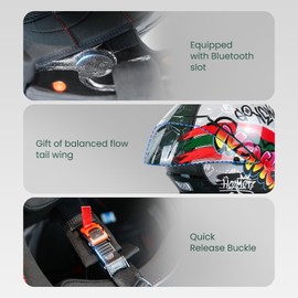 NENKI Motorcycle Helmet Full Face Motorbike Helmet with Tail Wing Design Noise Reduction with Anti-Fog Pin Visor for Adult DOT Approved (Graffiti White & Blackish Green, Large)