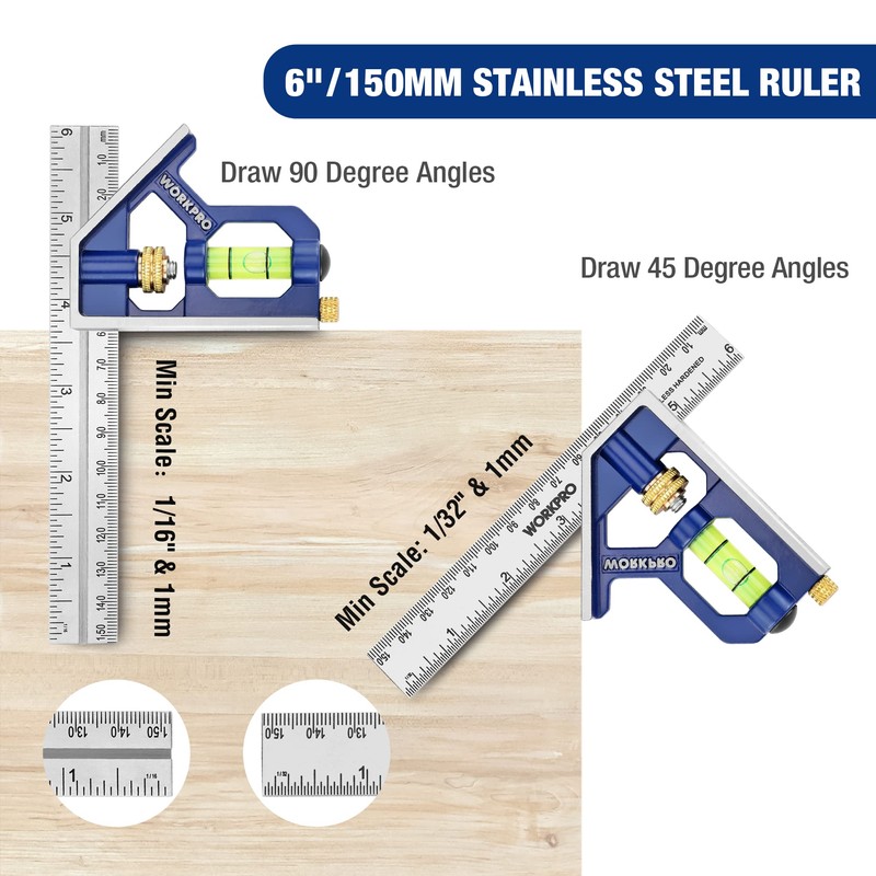 WORKPRO Carpentry Squares 6Inch/150mm, Combination Square, Engineers Set Square, Adjustable