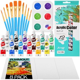 PLMMOUT Acrylic Paint Set, 32 PCS Painting Supplies,12 Colors Acrylic Paint Tubes(12ml,0.4 oz),with Paint Brushes,Canvas,Painting Palettes,Art Craft Paints Kit for Adults Artist Beginners