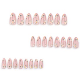 Gifiky Short Almond False Nails- Glossy Press on Nails Full Cover Nude Nails Tips Daisy Fake Nails for Women and Girls 24Pcs