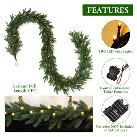 HOHOTIME 9ft Christmas Norfolk Garland with Lights, Artificial Prelit Green Pine Garland for Mantle Xmas Decor, Christmas Decorations for Stairs Railing Fireplace Window Indoor Outdoor