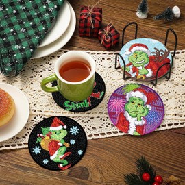 Clendo 8 PCS Christmas Diamond Painting Coasters - DIY Diamond Art Kits for Adults Coasters with Holder, 5D Mini Diamonds Dot Coaster for Adults Art and Craft Supplies