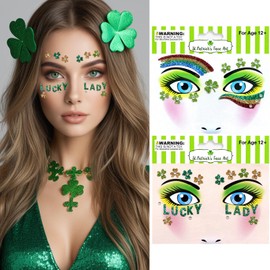 Totelux St Patricks Day face Stickers Shamrock Glitter Tattoos Green Clover Face Tattoos with Gems Eye Body Fake Temporary Tattoo for Adult kids Makeup St Patricks Day Decoration Parade Party Supplies