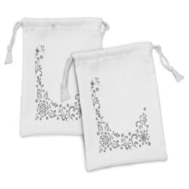 Ambesonne Black and White Fabric Pouch Set of 2, Monochrome Floral Framework Herbs Swirled Leaves Botanical Sketchy Bouquet, Small Drawstring Bag for Toiletries Masks and Favors, 9" x 6", Black White
