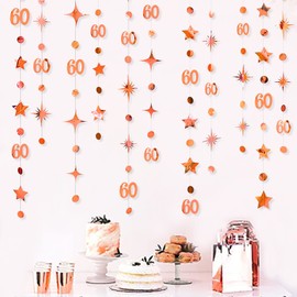 Rose Gold 60th Birthday Decorations Number 60 Circle Dot Twinkle Star Garland Streamers Bunting Banner Backdrop for 60 Years Old Happy Birthday 60th Anniversary Sixty Party Supplies