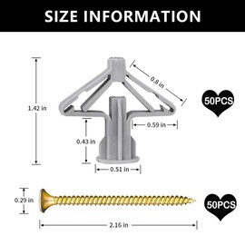 Plasterboard Wall,Plugs and Screws/Wall Fixing Plastic Expansion/Plug Anchor Bolts Anti Rotate Heavy Duty with Countersunk Screws for TV Wall Brackets Hollow Drywall Cavity (Grey, 50PCS)