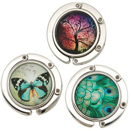 ROFLYER Purse Hook Set of 3 - Butterfly,Wish Tree,Peacock Foldable Handbag Hanger Safer Cleaner Bag, Fold Up for Easy Storage,Folding Table Hanger, with Velvet Pouch