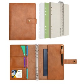 Wonderpool Leather Refillable Notebook Ring Binder A5 Diary – Dotted Paper & Genuine Leather Inner Pockets for Travel Work and Organiser (Brown, A5)
