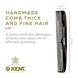 Kent 9T Black Graphite Fine Tooth and Wide Tooth Detangler Comb - Large Handmade Dressing Comb for Wet Hair and Durable Grooming, Hand Polished, Saw-Cut Made in England