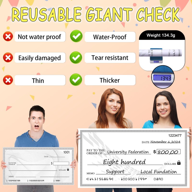 Big Checks for Presentations 30 x 16'' Reusable Giant Large
