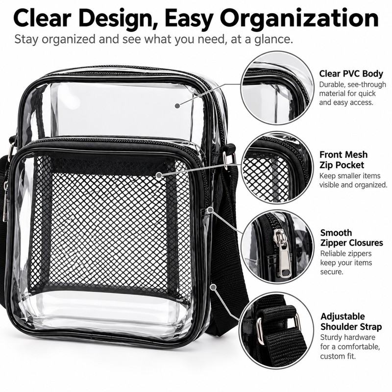 Clear PVC Crossbody Bag for Concerts – 28×21×9cm Lightweight Shoulder