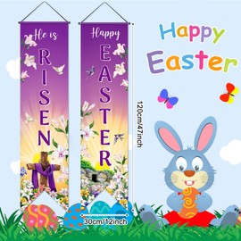 Outus Outus Happy Easter Door Banner He Is Risen Porch Sign Decoration Christian Wall Hanging Banner Jesus Cross Religious Spring Background Photo Prop Backdrop for Home Outdoor Indoor Party Supplies