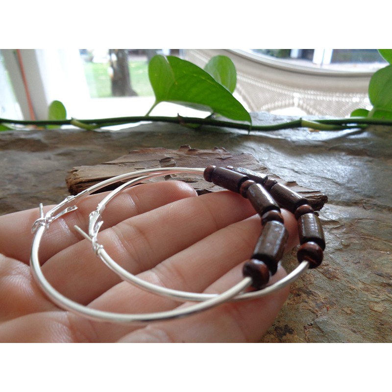 ★ 6 cm large brown ethnic boho wooden hoop earrings