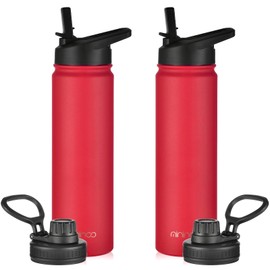 mininoo 24 oz Insulated Water Bottle with Straw, Stainless Steel Double Wall Vacuum Thermos with Straw Lid & Chug Lid, Leak Proof, BPA Free, Keep Cold for 24H & Hot for 12H-2 pack(Red)