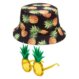 CHSZSH 1 Women Bucket Hat, 1 Pair Pineapple Glasses Pineapple Pattern Sun Hat Cute Women Sun Hat Summer Hat, black