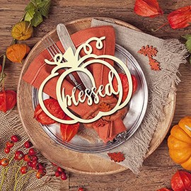 12 Pieces Fall Thanksgiving Pumpkin Wooden Plate Decor Thankful Grateful Blessed Place Card Settings Table Decor Thanksgiving Decorations Ideas Rustic Letter Sign (Chic Style)