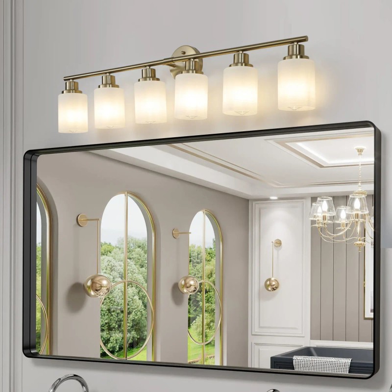 Modern 6-Light Golden Bathroom Vanity Light Frosted Glass Wall Mount