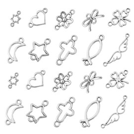 Stiesy 100Pcs 10 Styles Tibetan Silver Hollow Links Antique Style Angel Wing Cross Heart Bowknot Connector Charms for Crafts Jewelry Making