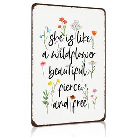 Women Girls Gifts Vintage Wildflower Inspired Sign She Is Like A Wildflower Beautiful Fierce And Free Rustic Tin Sign for Home Bedroom Office She Shed Entryway Decor 8x12 Inch (3168)