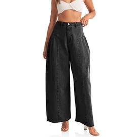 PLNOTME Womens Baggy High Waisted Jeans Loose Boyfriend Wide Leg Side Pleated Denim Pants Black