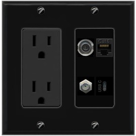 Wall Plate City 3.5mm CAT6 COAX USBC Port Wall Plate Black w Power Outlet