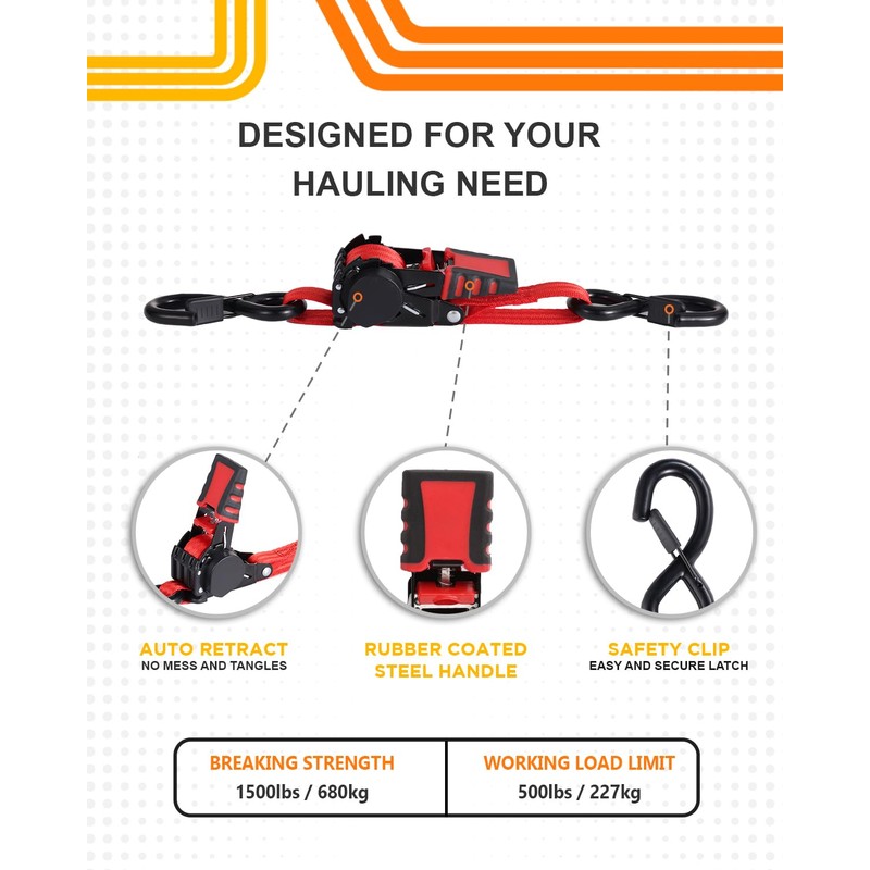 Strapinno Retractable Ratchet Straps - 1 in x 2.5 ft