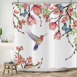 ASDCXZ Flowers Shower Curtain 180 x 200 cm, Spring Rose Flowers Green Leaves Blue Butterfly Colourful Bird Bath Washable Shower Curtains Polyester Textile Waterproof Bath Curtain for Bath with 12