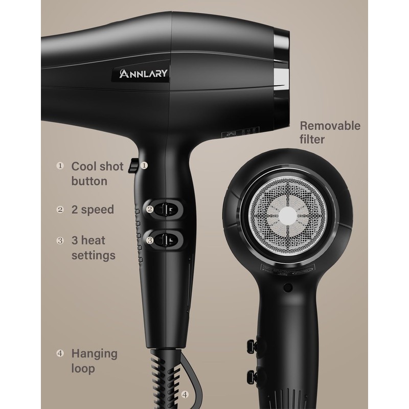 ANNLARY Ionic Hair Dryer with Diffuser for Curly Hair, Professional