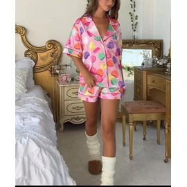 Yiulangde Galentine Candy Heart Silk Pajamas Lounge Satin Short Pajama Set for Women 2 Piece Y2k Long Sleeve Pj Shorts Outfit Sleepwear