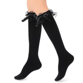XLIUAX Black Ruffle Socks, Cotton Knee High Girls Lolita Socks with Bow, Kawaii Goth Lolita Sock Gift for Women Daily Wear School Dating Dance