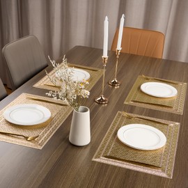 Rectangular Placemats Set of 6 Non-Slip Gold Hollow Out Place mats for Dining Table Washable Durable Vinyl Table Mats