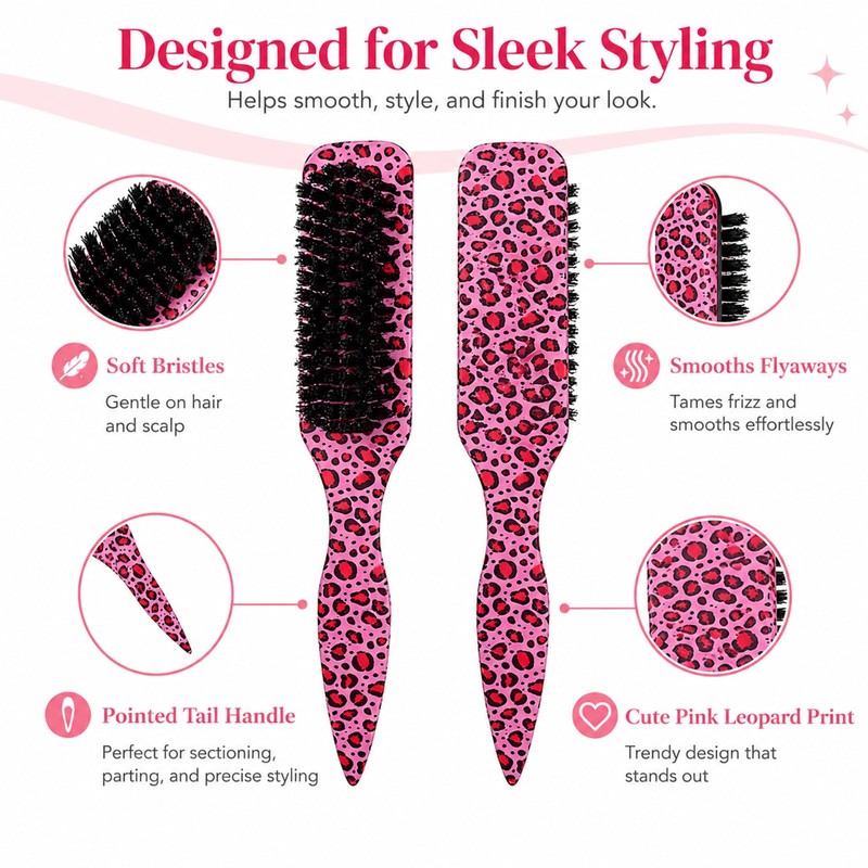 Leopard Print Hair Brush, Pink Soft Bristle, Slick Back Styling