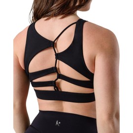 Kamo Fitness Featherlite Nora High Impact Sports Bras for Women - High Neck Workout Crop Top with Built-in Bra and Asymmetric Cutouts (Black, S)