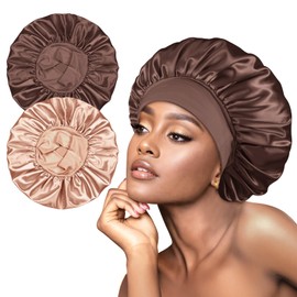 BONNET QUEEN Silk Bonnet for Sleeping Women Satin Bonnet Hair Wrap with Elastic Wide Band Sleep Cap for Curly Hair Anti Frizz Night Cap, Champagne & Brown