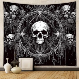 Tapzen Gothic Black and White Wall Tapestry - Dark Skeleton Horror Design - Aesthetic Cool for Bedroom or Living Room (60 x 40 inches)