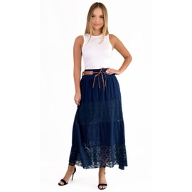Mississhop Langer Baumwollrock mit Spitze & Gürtel 3094 Dunkelblau
