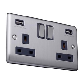 Caradok 2 Gang Double Pole switched socket with USB sockets - Brushed Steel - Grey Inserts