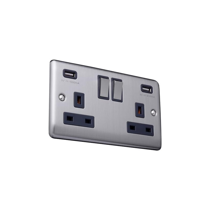 Caradok 2 Gang Double Pole switched socket with USB sockets