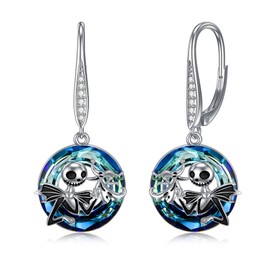 LILALO Jack Skellington Earrings Sterling Silver Crystal Jack and Sally Zero Earrings Jack Skellington Jewelry for Women Jack and Sally Drop Earring Skull Earrings Circle Crystal Gifts, Christmas