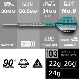 Target Darts Hydro Steel Tip Dart Set, 21G (Barrel 03) | 90% Tungsten Darts, Silver Swiss Point Tips, Pro Grip Tag Shafts & Pro Ultra No.6 Flights, SP Tool Included | Professional Dart Sets