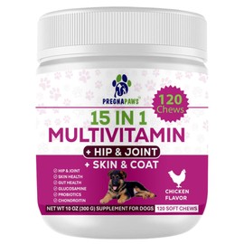 PregnaPaws 15-in-1 Postnatal Vitamins for Dogs - Enhances Recovery, Supports Joint Health, Skin & Coat Care - Probiotics & Multivitamins for Nursing Dogs - 120 Chewable Chicken Flavor Tablets