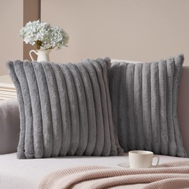 Topfinel Set of 2 Cushion Covers, 45 x 45 cm, Grey, Faux Fur, Striped Pattern, Plush, Ultra Soft, Decorative Cushion Covers, Sofa Cushion for Sofa, Bedroom, Living Room