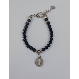 lazzaro italy Saint Benedict Medal Bracelet for Men and Women Silver Plated Metal with Natural Black Onyx Stone Beads Protection Medal Against Evil Diameter 1.5 cm, Sterling Silver