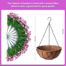 INXUGAO Artificial Silk Flowers Hanging Basket for Outdoor Indoor,Daisy with Eucalyptus Leaves Arrangement for Garden Yard Spring Decor,Faux Green Plant in Metal Coconut Lining Pot(Purple Pink)