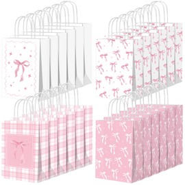 Kosiz 24 Pcs Pink Bow Paper Gift Bags with Handles Coquette Bow Goodie Candy Treat Bags for Women Birthday Bachelorette Bridal Engagement Shower Party Favors Supplies Decor 7.9 x 4.7 x 3.2 Inch