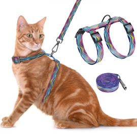 Seyezo Cat Harness and Leash Set, Adjustable Kitten Harness Escape Proof Cats Harness, Soft Lightweight Walking Travel Pet Harness, Cute Kitty Harness Leash Set for Small Medium Cats, Colourful Waves