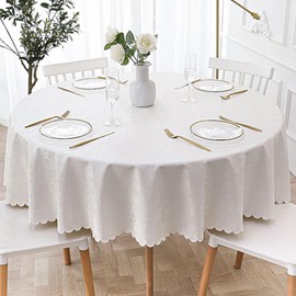 Jeloris Round Waterproof Vinyl Tablecloth, Stain Resistant Heavy Plastic Tablecloth, Wipeable Spillproof Oil-Proof Vinyl Table Cover for Kitchen, Dining, Parties, Wedding (62 inch, White)