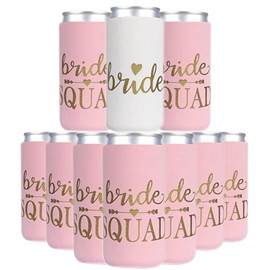 PartyGifts&beyond 10Packs Bachelorette Party Decorations Slim Can Cooler Bridesmaid Gifts Can Sleeves Bride Squad Can Coolers for Party(Pink)