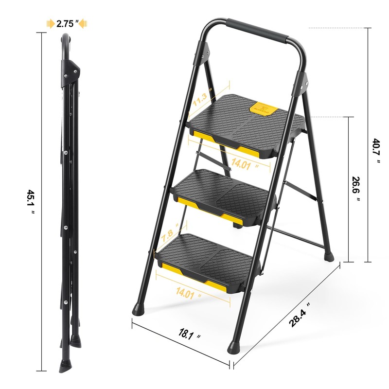 KINGRACK 3 Step Ladder, Sturdy Steel Step Stool with Safe-Lock