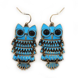 Blue Enamel Owl Drop Earrings In Aged Gold Metal/Vintage Style/55mm Long